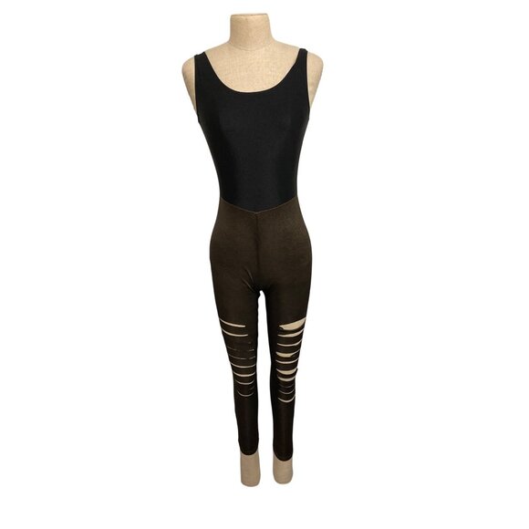 Black & Brown Sleeveless Leotard Jumpsuit With Distressed Leggings - Picture 1 of 6